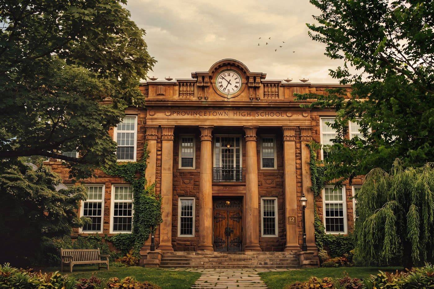 A schoolhouse facade.