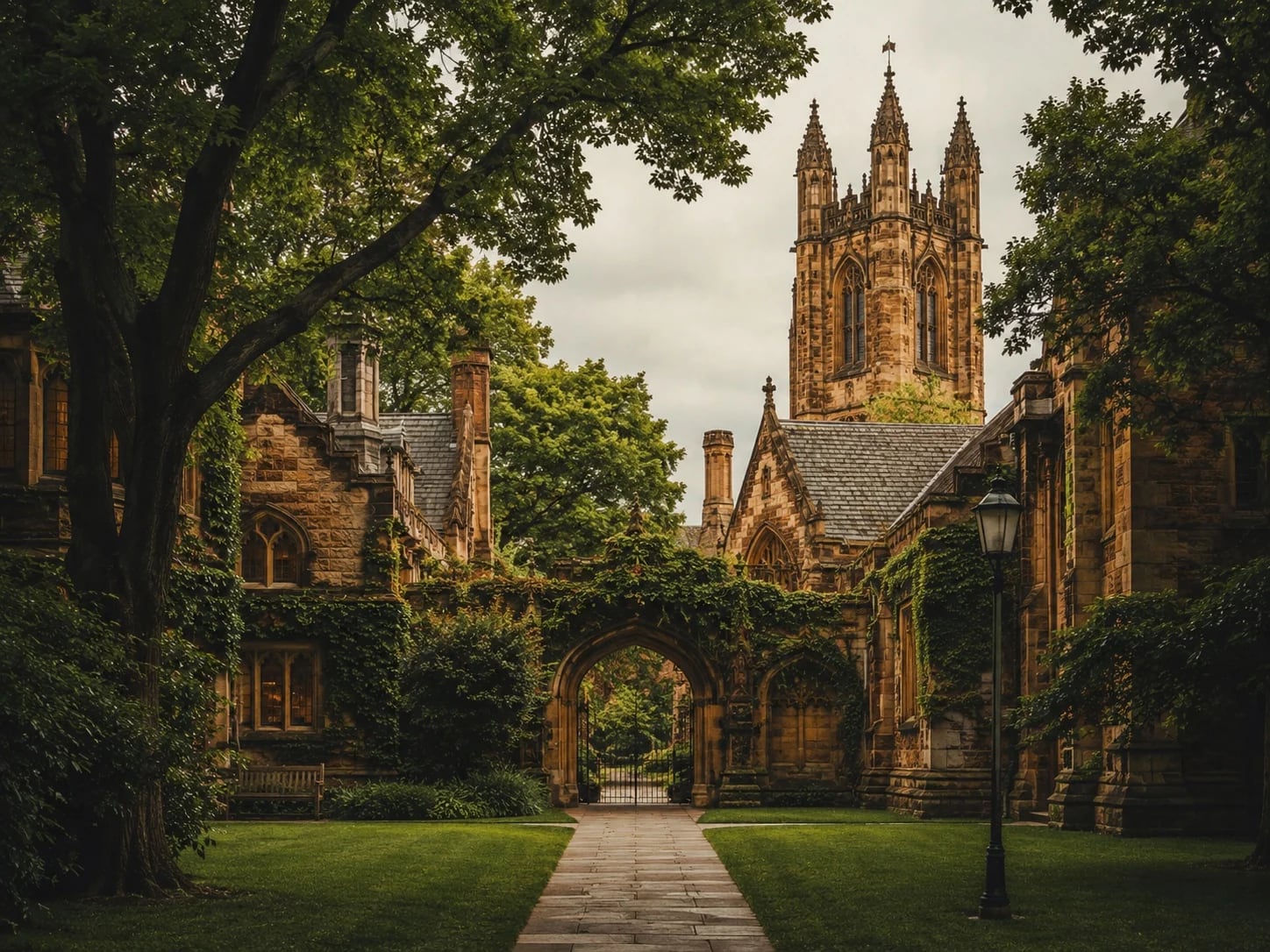 A quiet campus courtyard in morning light.