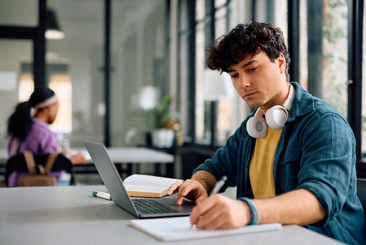 A student reviewing notes beside a laptop.